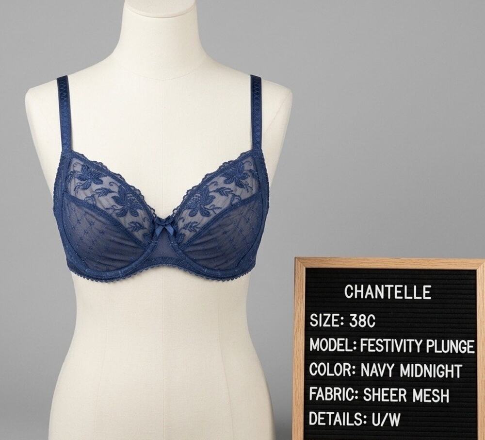Chantelle Festivity Plunge Bra C67919 Navy Midnight Blue Sheer Mesh U/W 38C